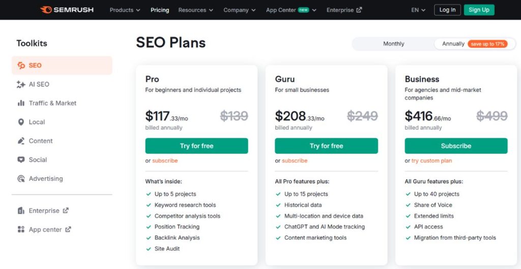 semrush pricing